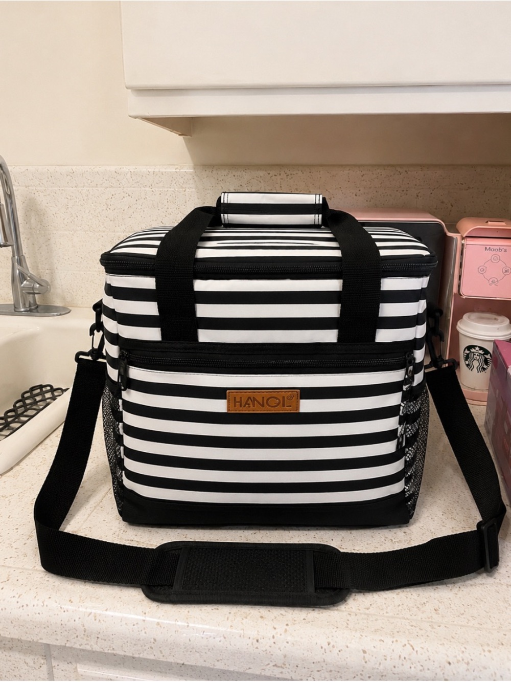 Striped Black & White Shoulder Cooler Bag